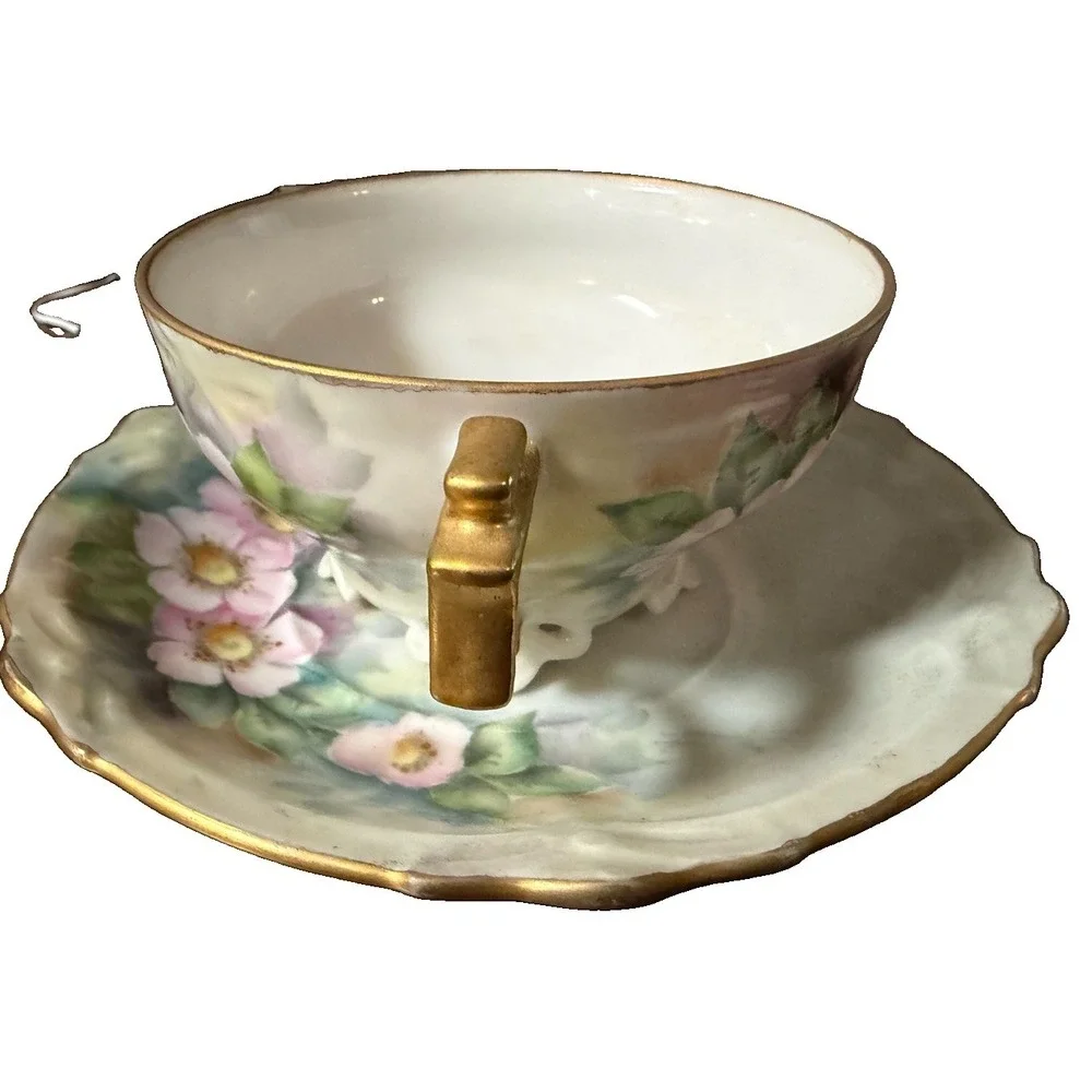 Vintage Japan Footed Teacup Saucer Pink Floral Openwork Pedestal Gold Handle